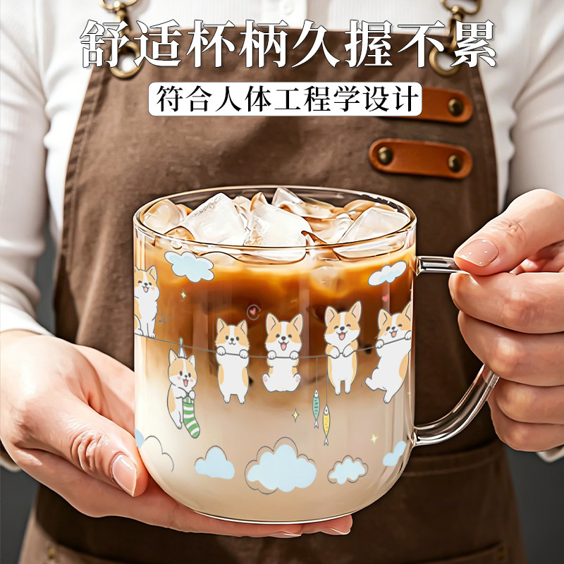 杯子玻璃杯带盖带勺咖啡杯动物印花果汁杯子家用喝水杯办公室茶杯