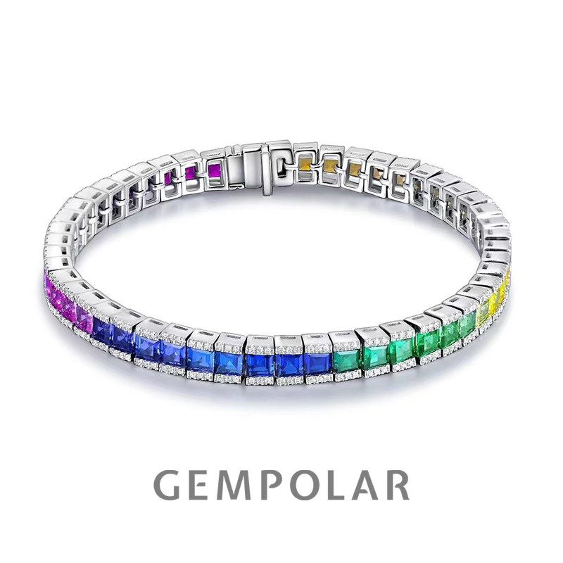 精工培育彩色蓝宝石彩虹手链925纯银镶嵌轻奢名媛细圈叠戴ins风