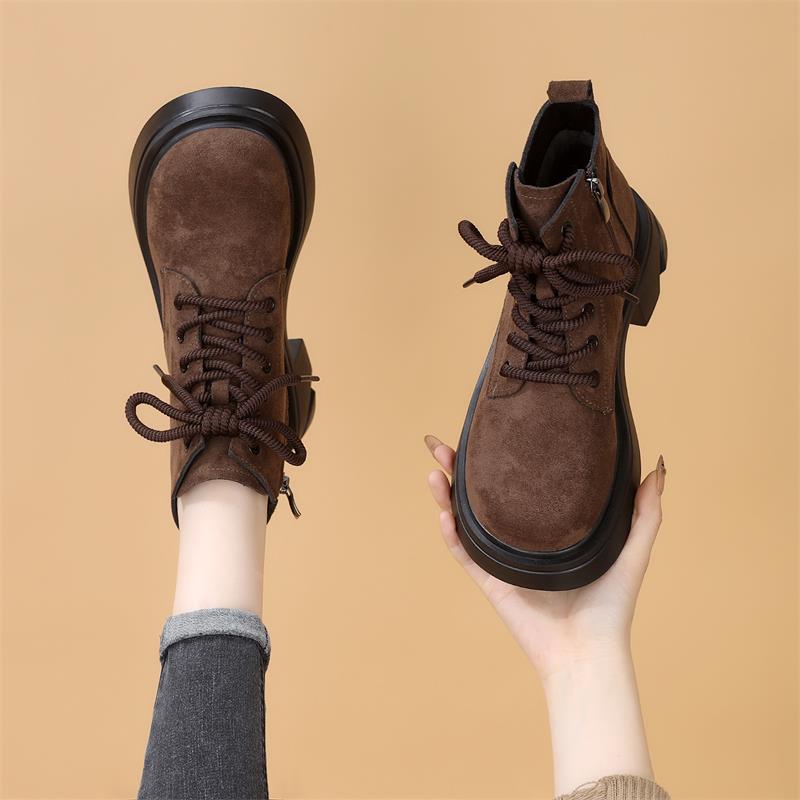 真皮覆古粗跟短靴女春秋2025新款翻毛皮软底单靴英伦风增高马丁靴