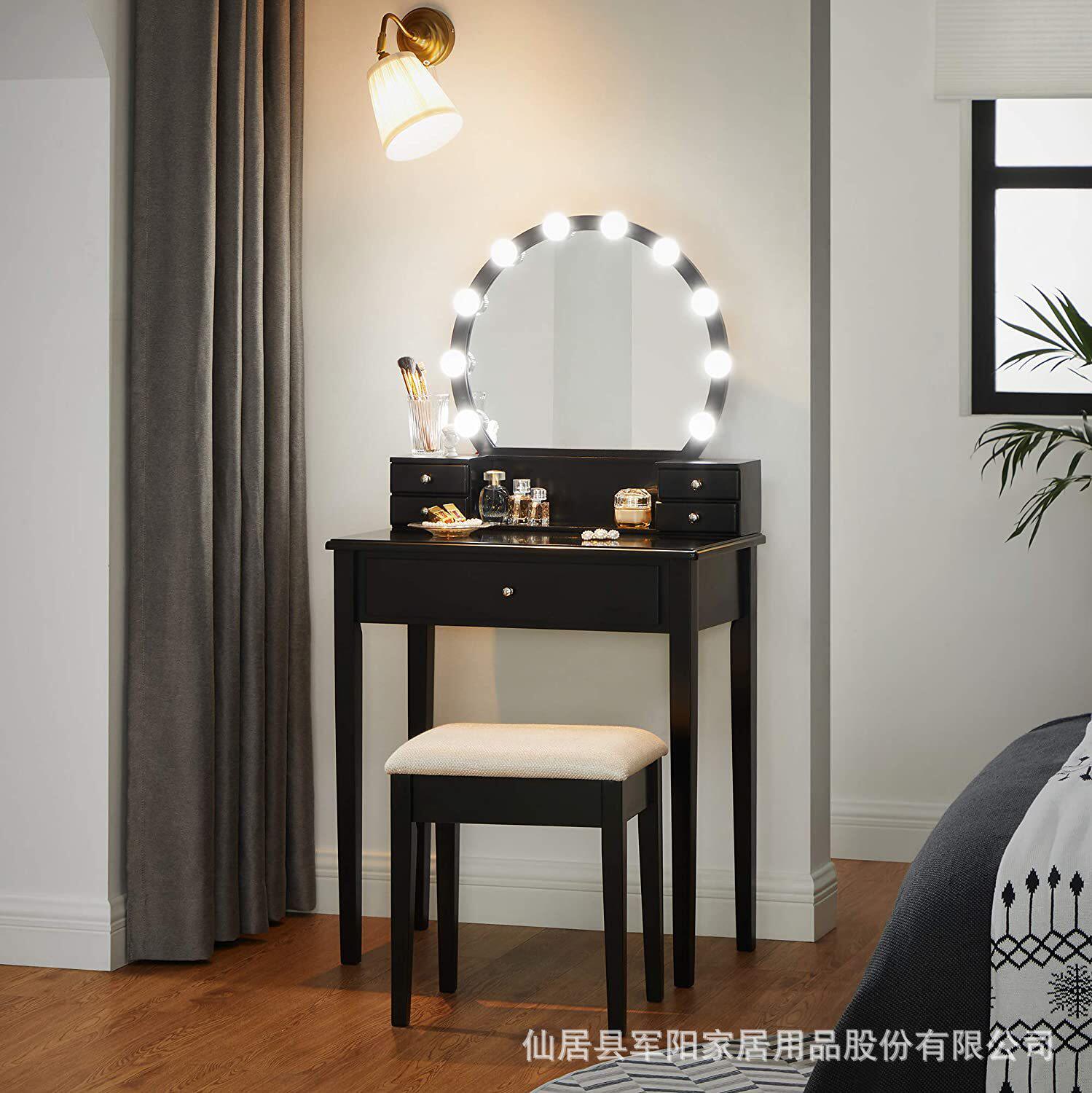 定制北欧实木梳妆台卧室现代简约 收纳柜ins风小型带灯泡化妆台桌