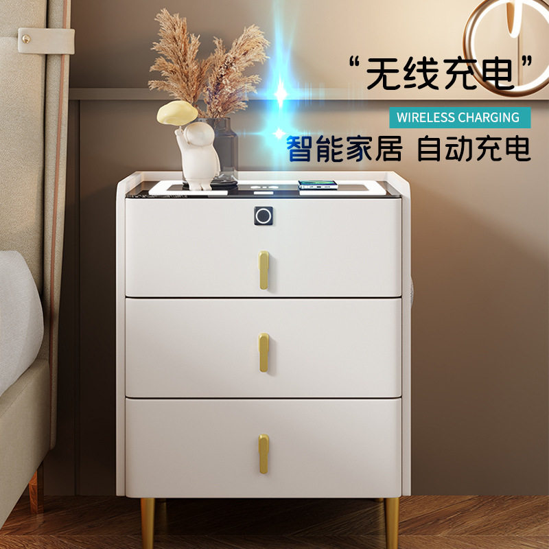 岩板智能床头柜无线充电带锁蓝牙音响现代多功能床边柜三层床头桌