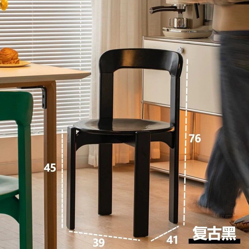 中古风黑色胡桃实木餐桌椅法式复古设计家具家用梳妆靠背圆形凳子