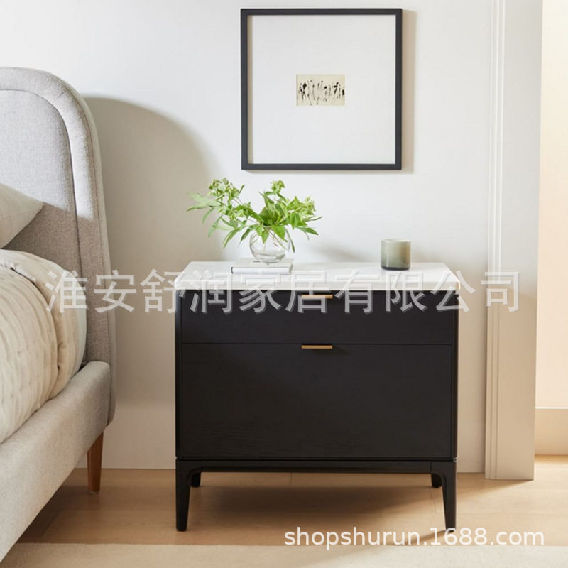 简约黑色床头柜卧室双层储物抽屉柜北欧木质床边柜客厅小边几矮柜