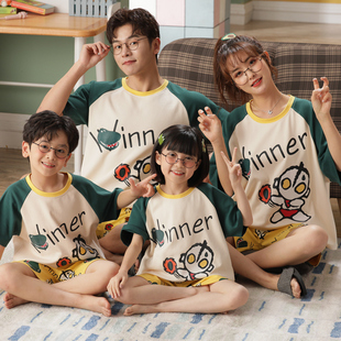 夏季一家三口亲子睡衣母女套装纯棉短袖男孩薄款中大童女童家居服