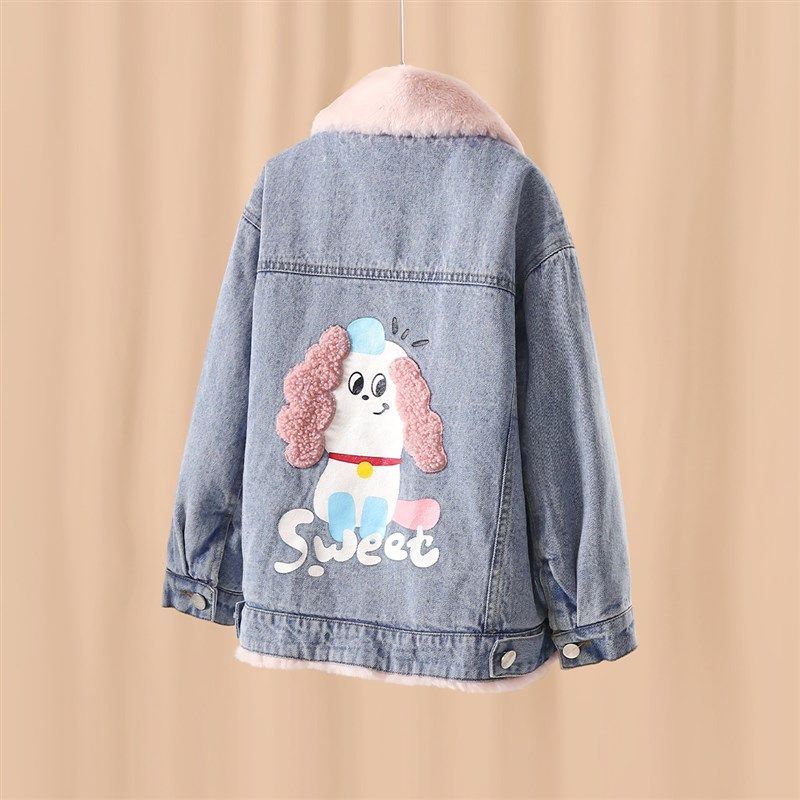 小虎帕蒂秋冬装女童卡通小狗加绒牛仔外套中大童纯棉百搭上衣夹克