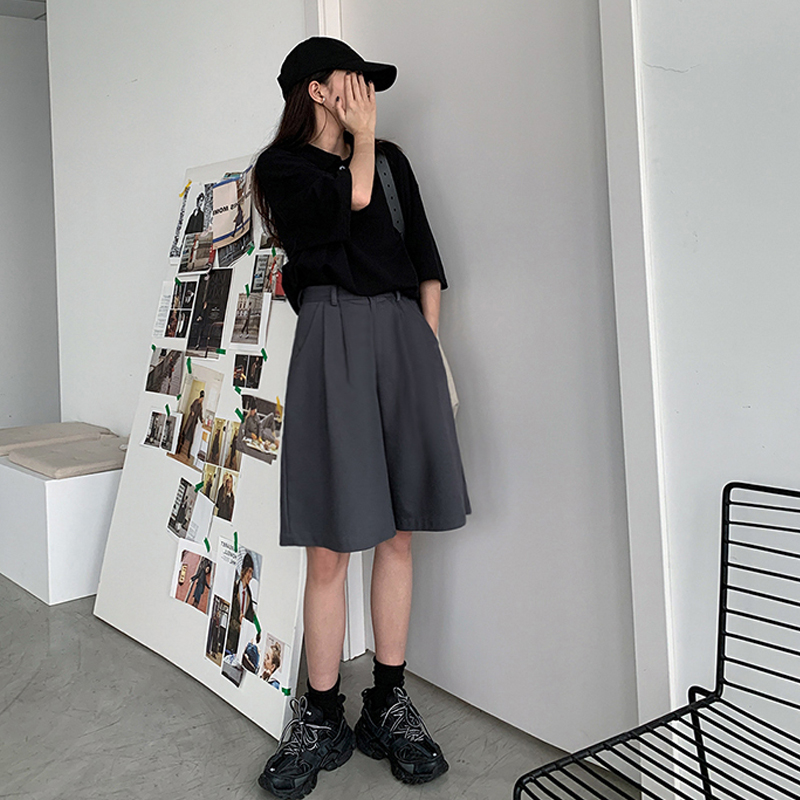 胖mm西装阔腿短裤女2021夏季薄款a字外穿大码高腰宽松显瘦五分裤