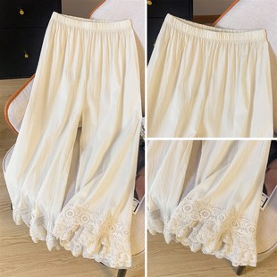 春夏森系叠穿好搭配松紧腰轻薄柔软宽松全棉休闲九分花边裤