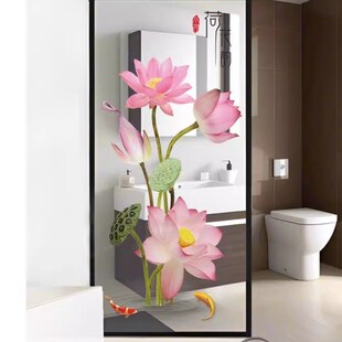 单门荷花浴室玻璃门贴纸自粘门贴画卫生间瓷砖墙壁装饰墙贴防水贴