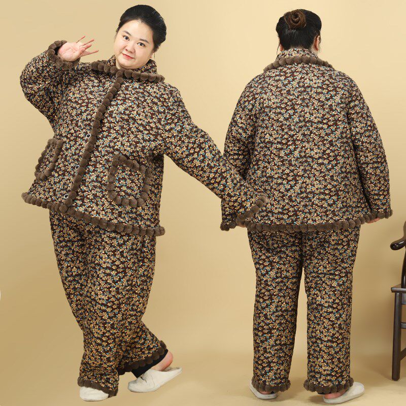 大码妈妈加肥加大厚睡衣200斤冬装中老年人加绒保暖居家服套装女