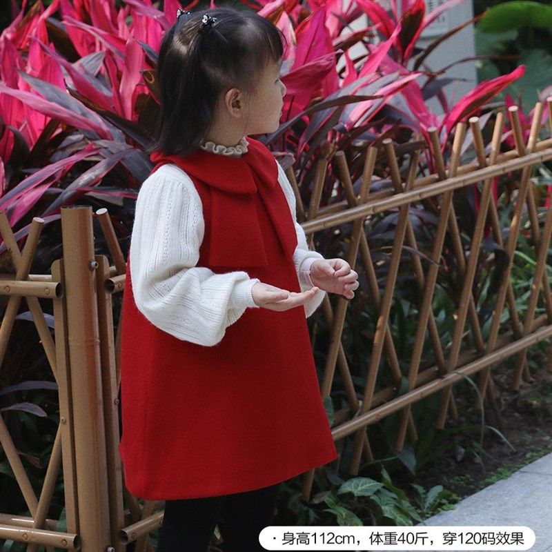 秋冬新款女童红色连衣裙毛呢背心裙洋气生日礼服宝宝爬服姐妹装