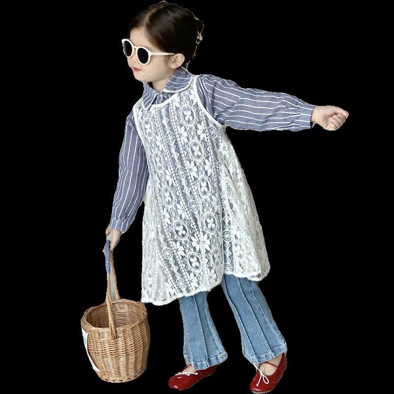 春季新款童装女童春装女宝宝衣服套装裤子简约蕾丝背心裙条纹衬衫