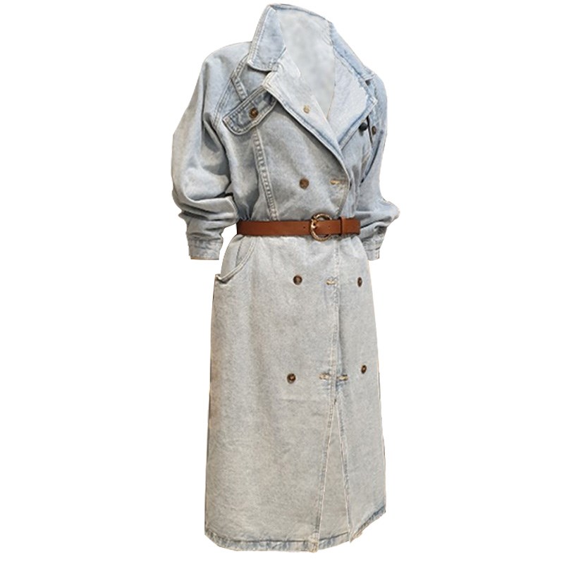 时尚双排扣浅蓝色牛仔连衣裙2024春秋系带收腰女直筒过膝长裙外套
