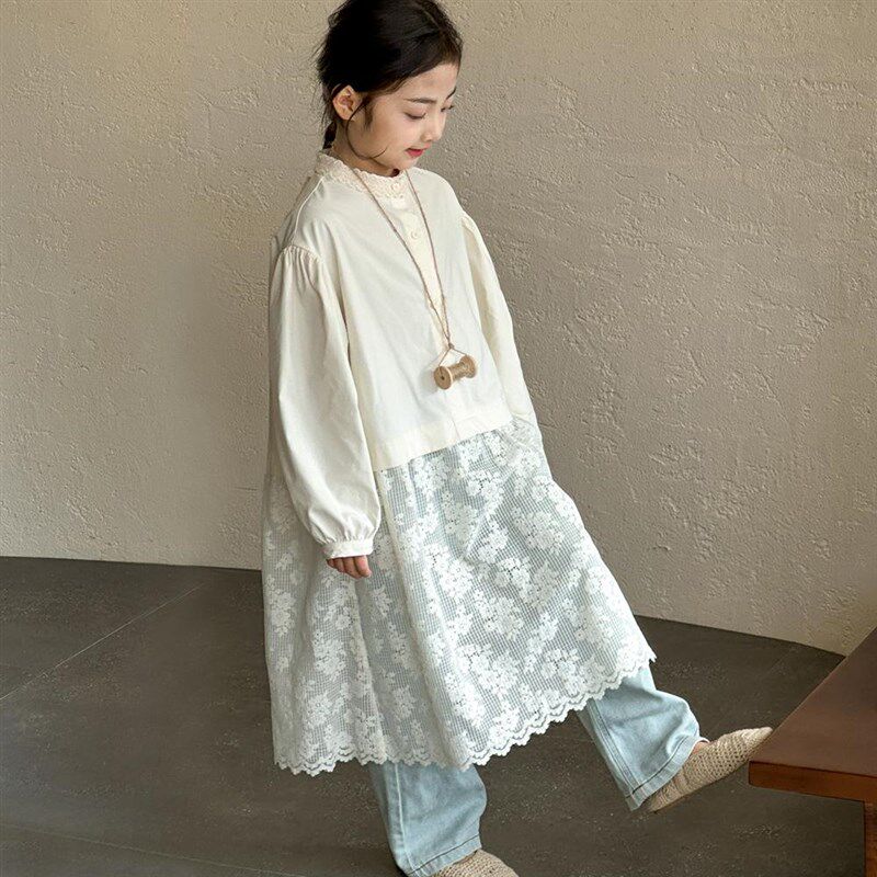 女童连衣裙2025春装新款儿童蕾丝拼接衬衫裙春秋款中大童长袖裙子