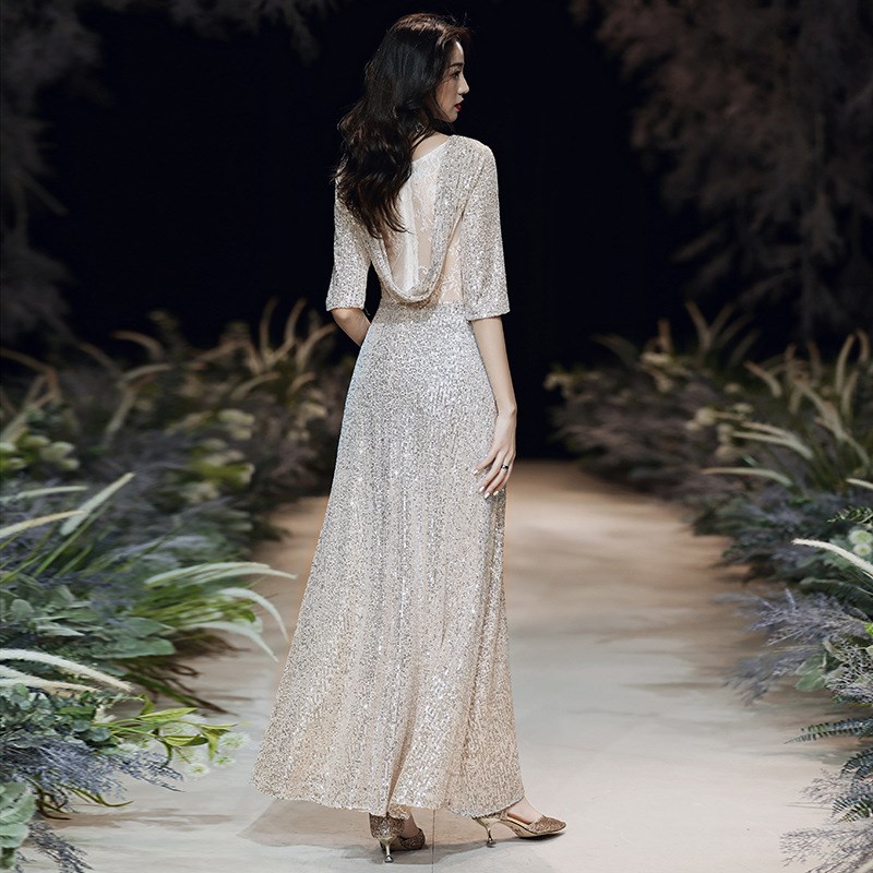 小个子中长亮片晚礼服女气质高级感主持人高腰长裙年会聚会宴会明