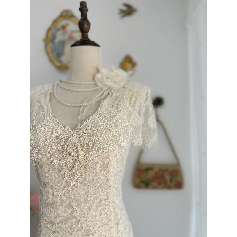 复古轻婚纱蕾丝新娘订婚领证礼服裙白色连衣裙宴会少女法式出门纱