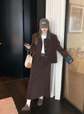 NAZ那子大码秋季撞色牛仔拼接粗花呢外套胖mm气质长短半裙套装女