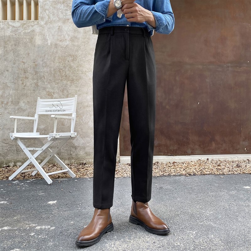 毛呢西裤男商务正装休闲修身小脚长裤直筒松紧腰磨毛裤子男秋冬款