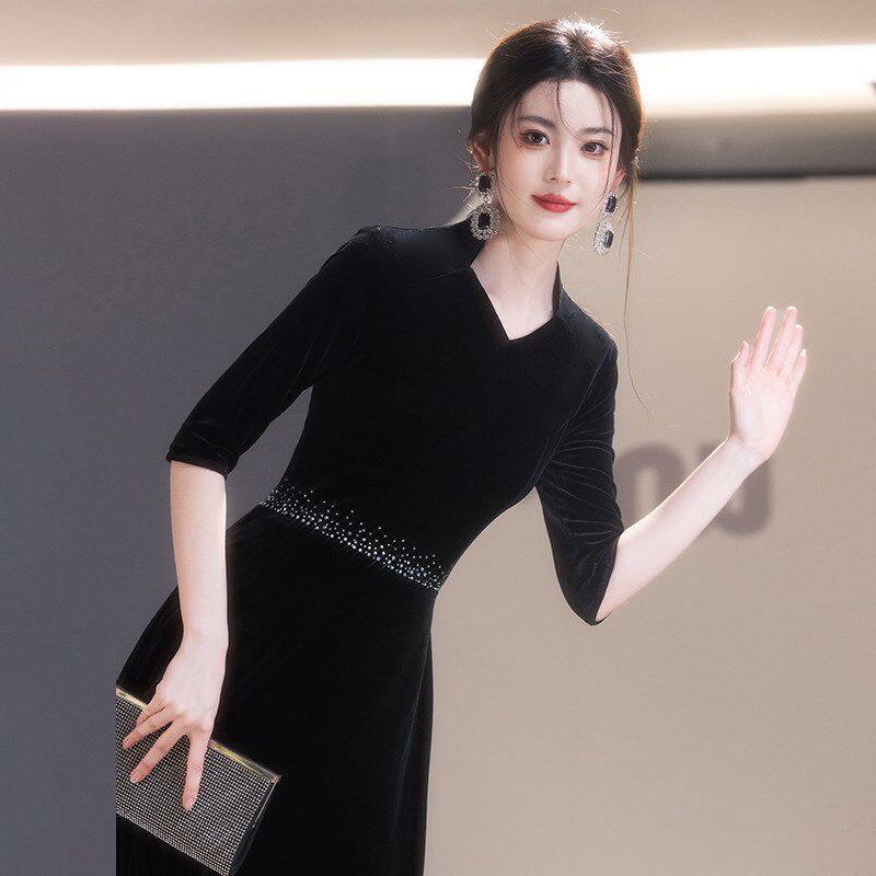 月亦黑色高端指挥晚礼服立领大合唱团演出女长裙主持人钢琴演奏服