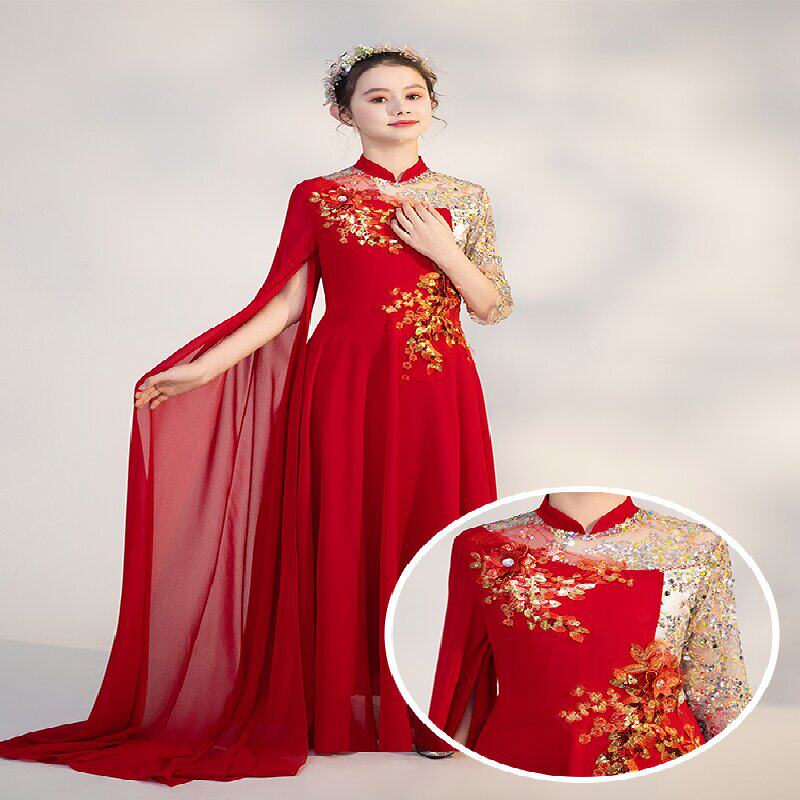 新款女童弹古筝演出服酒红色中国风晚礼服民乐演奏大合唱艺考高端