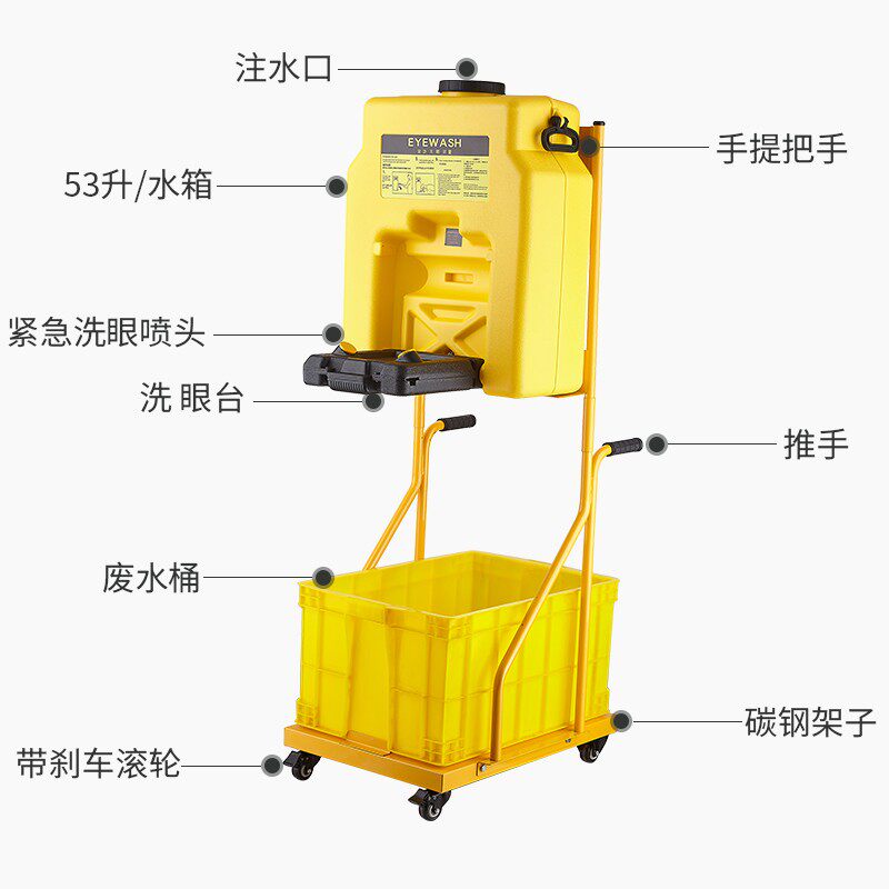 移动式便携洗眼器53L应急实验室塑料手推车壁挂式喷淋洗眼器验厂