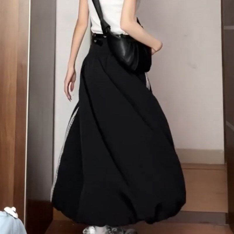 黑色花边条纹工装裙夏季大码胖mm显瘦遮肚长裙梨形身材花苞半身裙