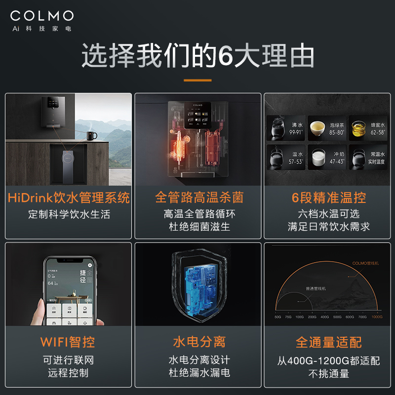 COLMO家用全自动智能管线机壁挂即热式制冷饮水机ra08/da01/da03