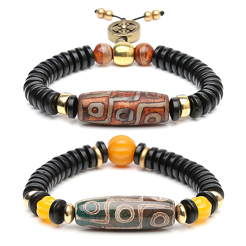 藏式九眼天珠椰壳片手串老玛瑙原石打磨三眼佛珠创意个性手链配饰