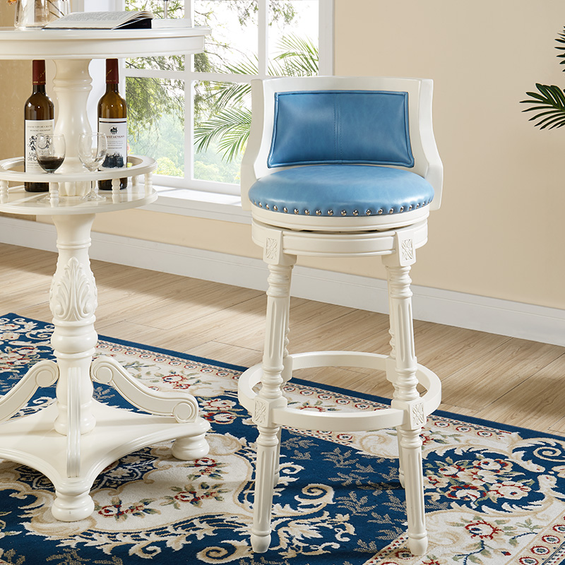 美式实木吧台椅欧式复古高脚凳轻奢靠背旋转家用休闲白色酒吧椅子