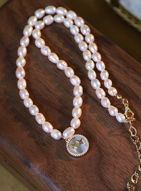 星光璀璨镶嵌猫眼石吊坠芒星淡水真珍珠项炼法式复古双芒星锁骨链