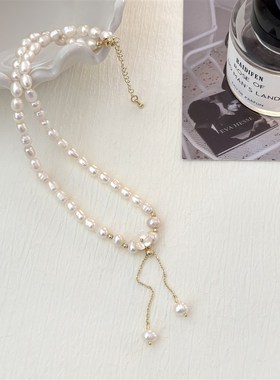 天然淡水珍珠项炼轻奢时尚气质贝壳花流苏锁骨链 小众设计感颈炼
