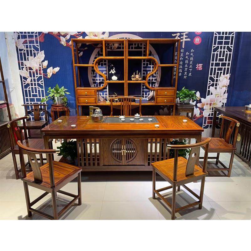 新中式2米长茶台实木茶桌椅组合橡木一桌五椅烧水壶一体功夫茶几