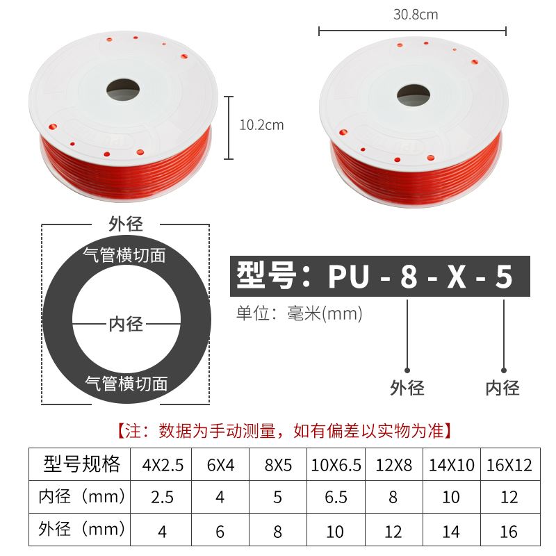 。PU气管高压管气泵管软管外径8*5mm空压机气管6*4/10*6.5/12*8汽