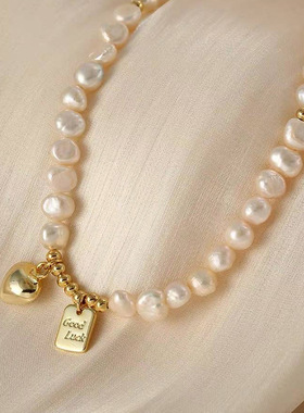 天然淡水珍珠项炼女复古爱心方牌吊坠锁骨链法式轻奢百搭小众气质