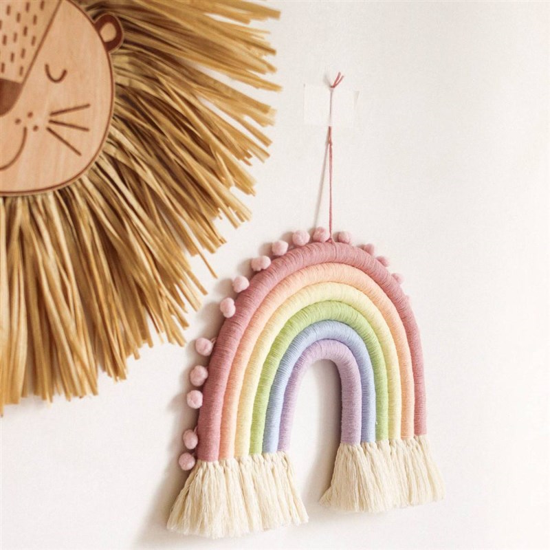 ins北欧棉线毛球彩虹编织挂毯壁挂儿童房间装饰墙上吊饰家居饰品
