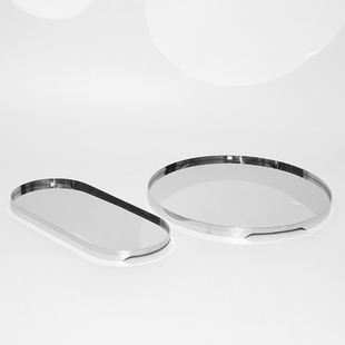简约轻奢银色不锈钢镜面圆形收纳托盘茶盘样板间客厅茶几装 饰摆件