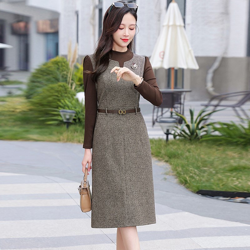好货假两件长袖连衣裙女春秋2025秋季新款气质妈妈收腰显瘦中长款