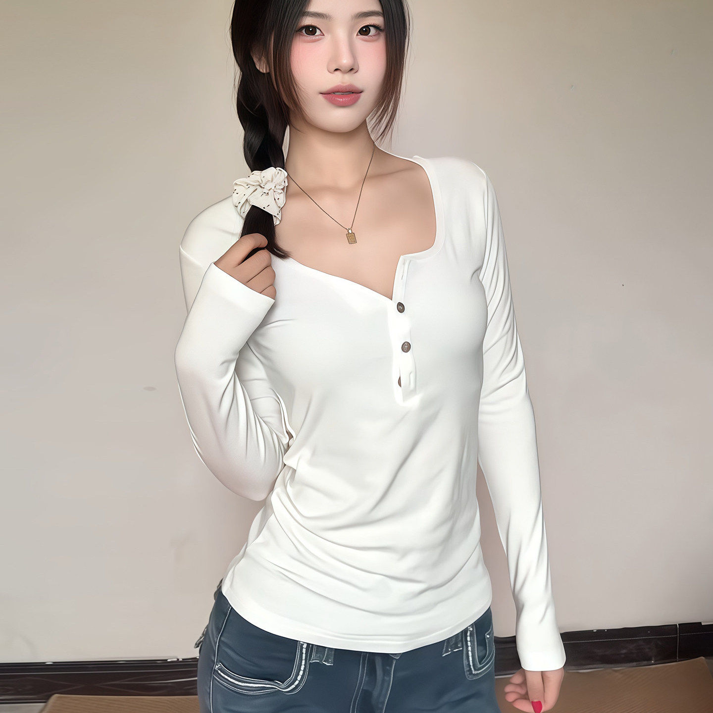 韩系气质纽扣V领长袖T恤女2026春季新款修身显瘦休闲百搭打底上衣