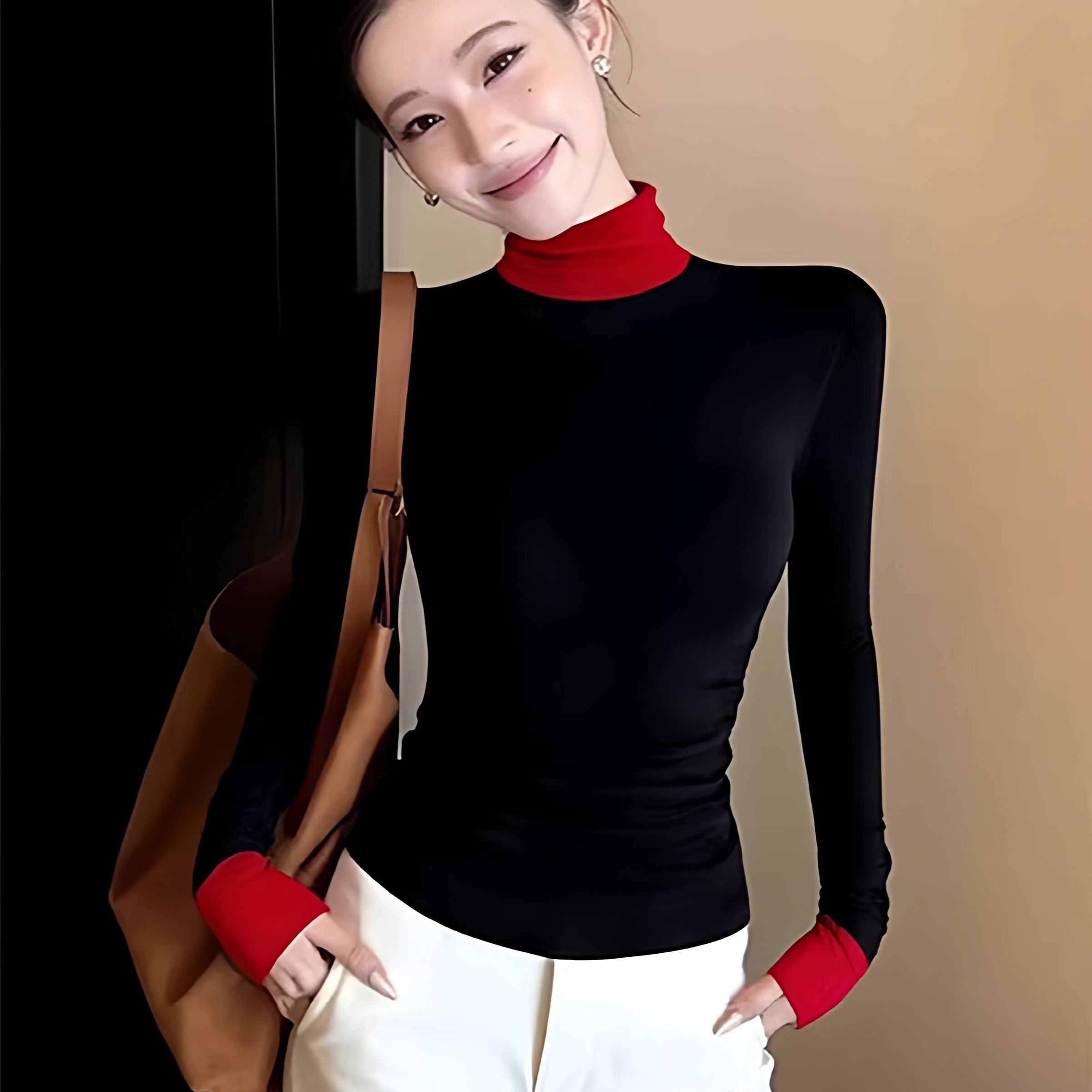 复古拼色半高领修身长袖T恤女早春新款气质辣妹别致内搭显瘦上衣,女装/女士精品,T恤,淘宝优惠券,粉丝福利购,淘宝优惠卷