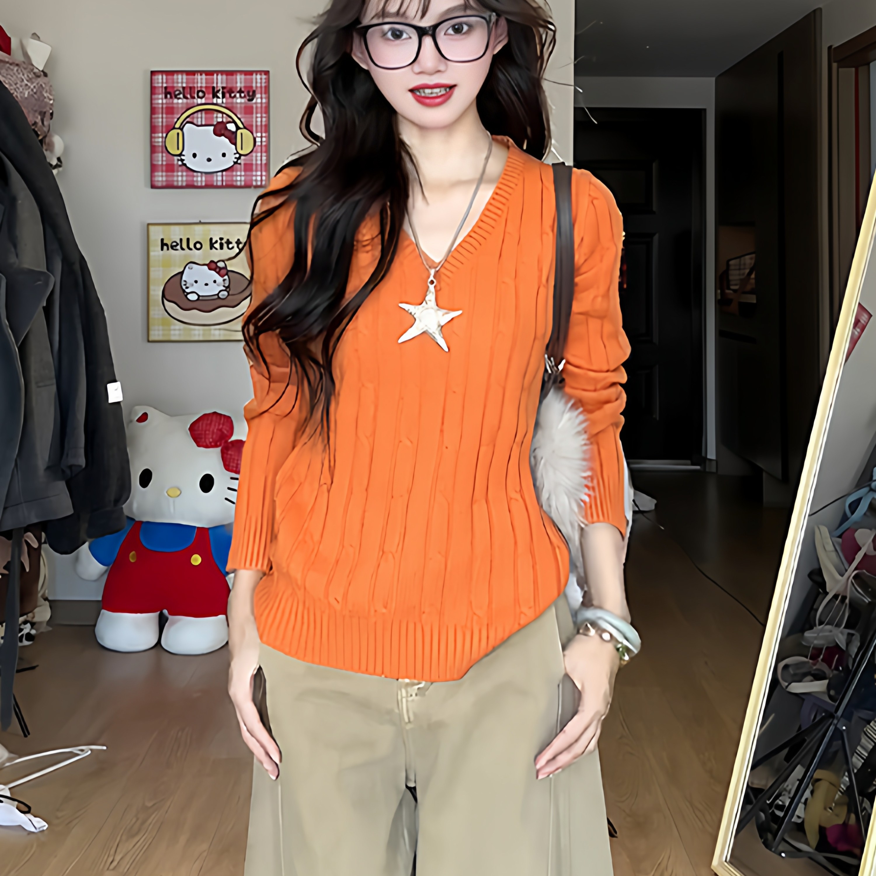 韩系多巴胺橙色V领麻花毛衣女秋冬氛围感长袖针织衫修身显瘦上衣,女装/女士精品,毛针织衫,淘宝优惠券,粉丝福利购,淘宝优惠卷