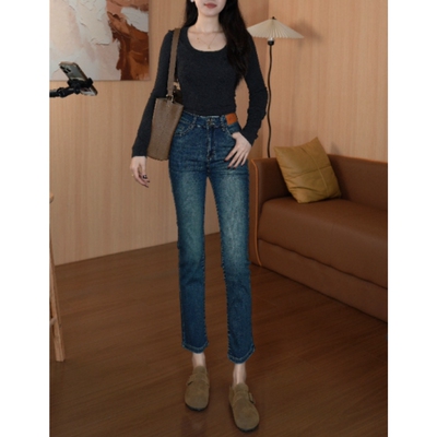 2026春季复古蓝烟管牛仔裤