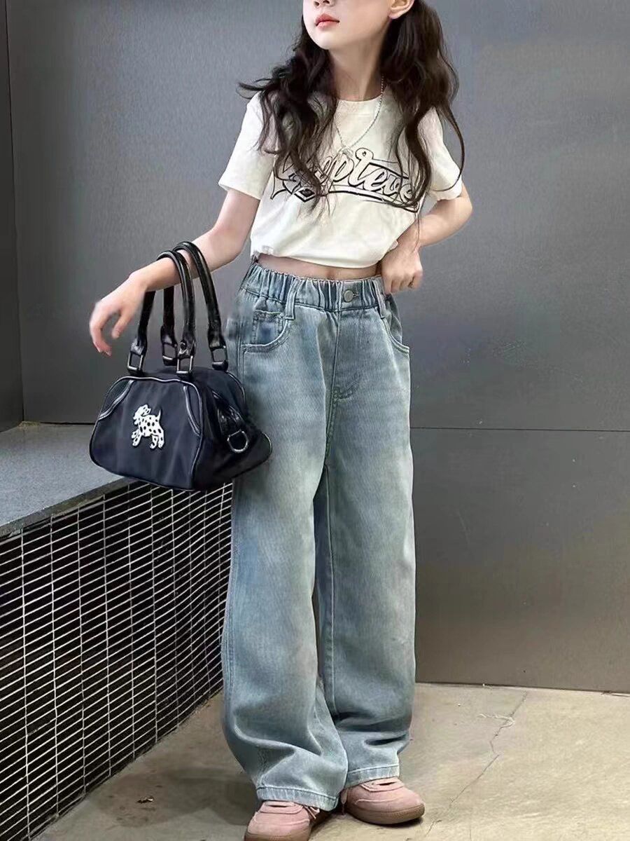 女童春装牛仔裤2026新款直筒裤秋季阔腿裤宽松阔腿裤初中生百搭裤