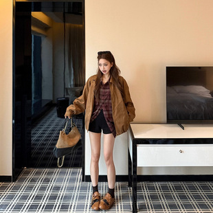 2025新款复古套装磨毛撞色格子衬衫女秋冬翻领宽松夹克外套两件套