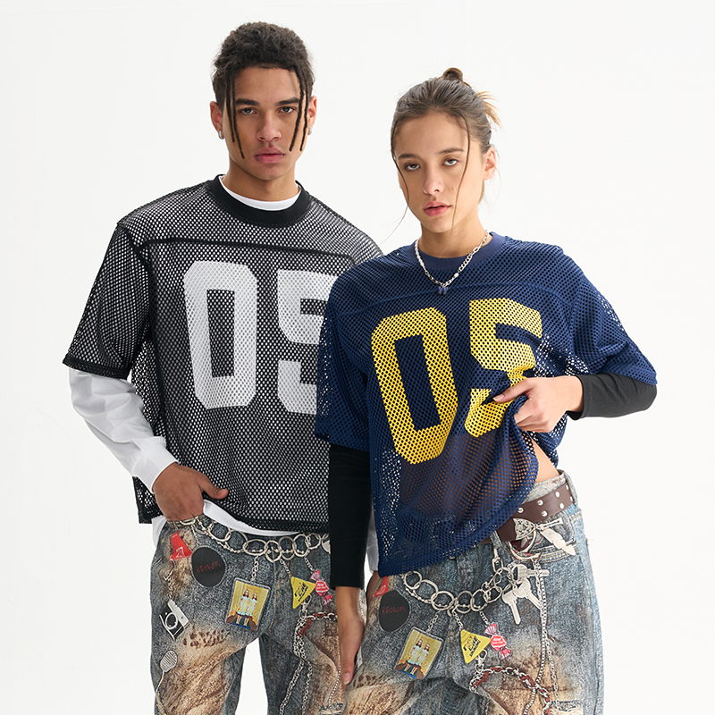 潮酷镂空印花T恤男士短袖网眼t恤