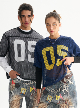 FIVE MEN学院风短款镂空印花T恤黑色潮流情侣装上衣圆领男女球衣T