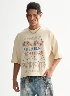 FIVE MEN重磅短袖男款时尚衣服短宽版型散边潮流T恤男士印花上衣t