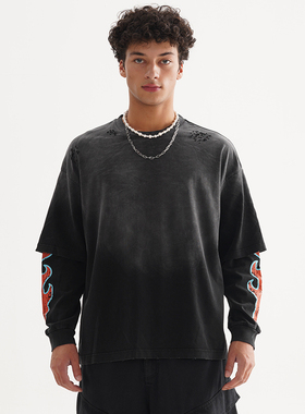 FIVE MEN秋季新款印花长袖T恤黑色复古做旧宽松休闲假两件男装T恤