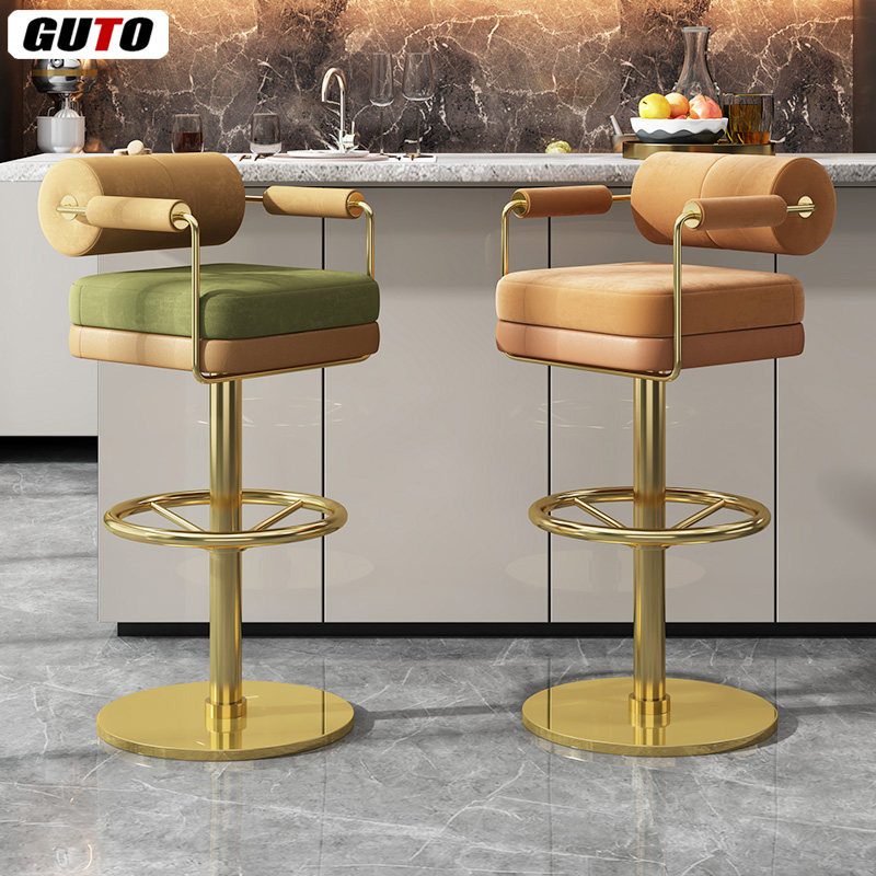 轻奢不锈钢靠背吧台椅意式咖啡厅酒吧椅北欧现代前台可旋转高脚椅
