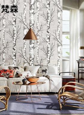 北欧白色树木白桦树壁纸客厅卧室背景墙服装店壁纸非自粘店铺装修