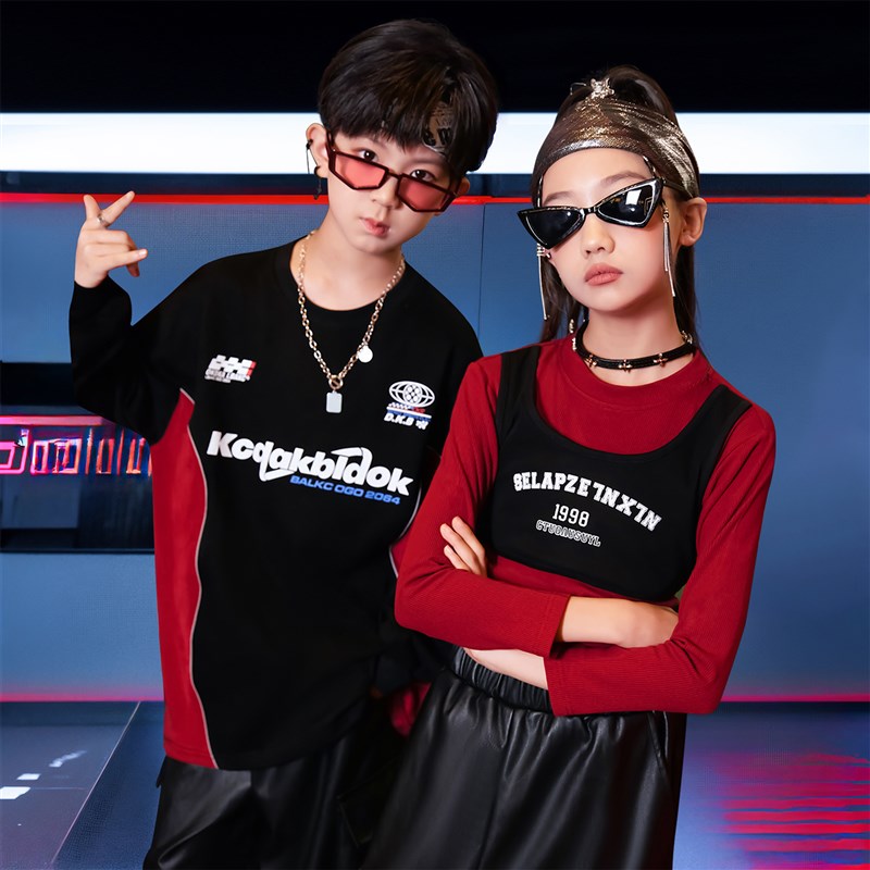 好货女童爵士舞服装男童街舞服嘻哈风炸街套装儿童秋季新款红色演