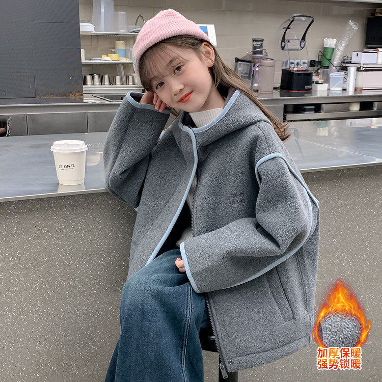 秋冬女童皮毛一体加厚呢大衣